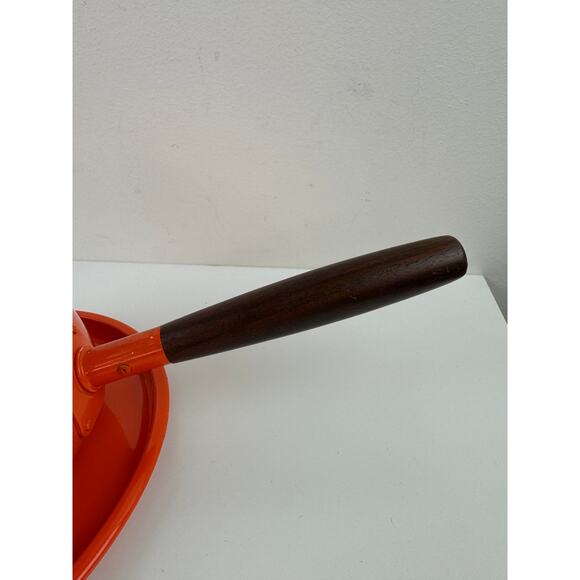 Vintage Bright Orange Fondue Pot Plate Combo Aluminum Wooden Handle with Lid - Picture 3 of 11